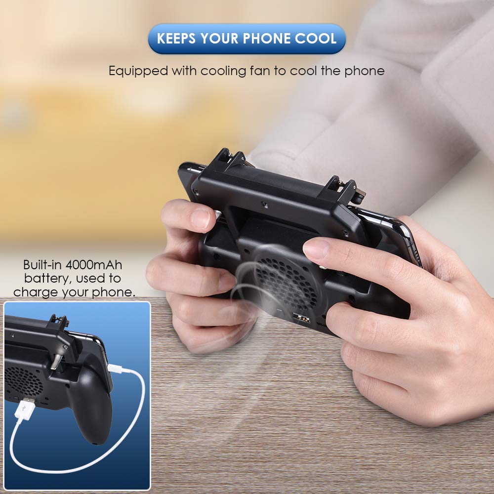 Mobile Game Charger Cooling Fan with 4000mAh Battery L1R1 Trigger Joystick Controller- Black