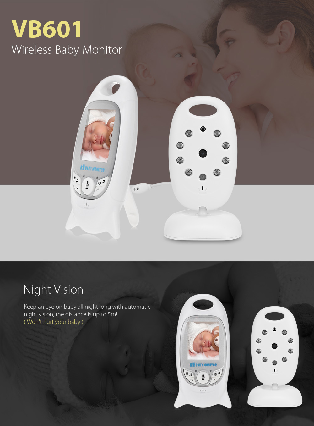 VB601 2.4G Wireless Baby Video Monitor with Night Vision Two-way Talk LCD Display Temperature Monitoring- White US Plug