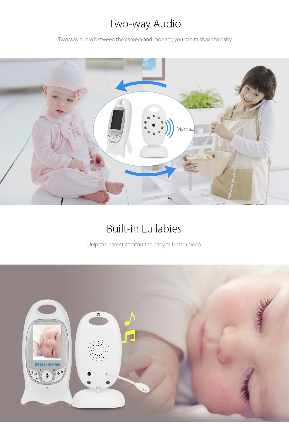 VB601 2.4G Wireless Baby Video Monitor with Night Vision Two-way Talk LCD Display Temperature Monitoring- White US Plug