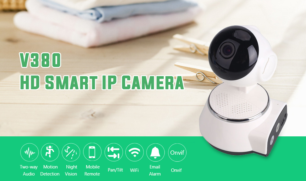 V380 HD 720P Smart IP Camera WiFi Mobile Remote Control with IR / PTZ Function for Home Security- White EU Plug